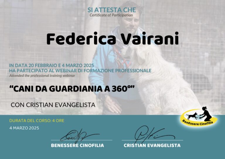 ATTESTATO Benessere cinofilia Cani da guardiania a 360 768x543